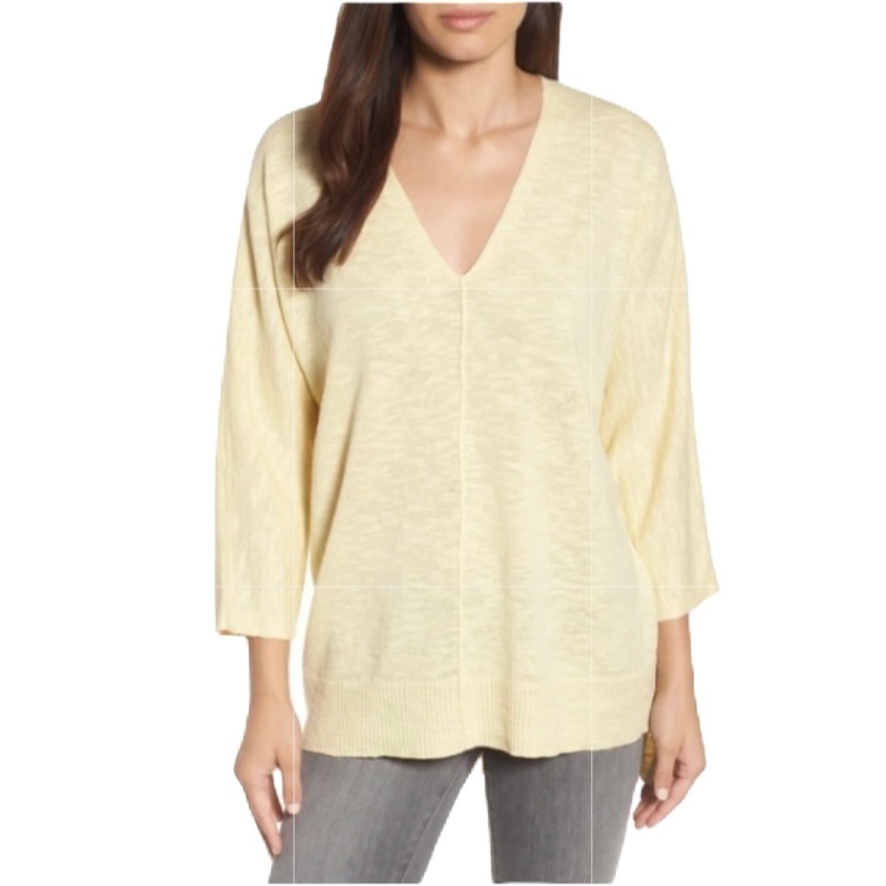 Eileen Fisher Yellow 3/4 Sleeve Slub Knit V-Neck Linen/Cotton Blend Sweater